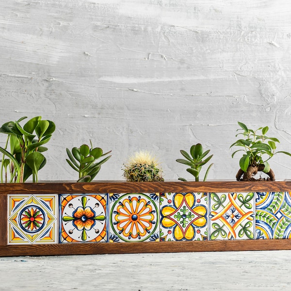 Wooden Planter with 6 Mexican Tiles, Indoor and Outdoor Rustic Plant Box, Window Box, Flower Box for Windowsill, Patio, Balcony, Garden