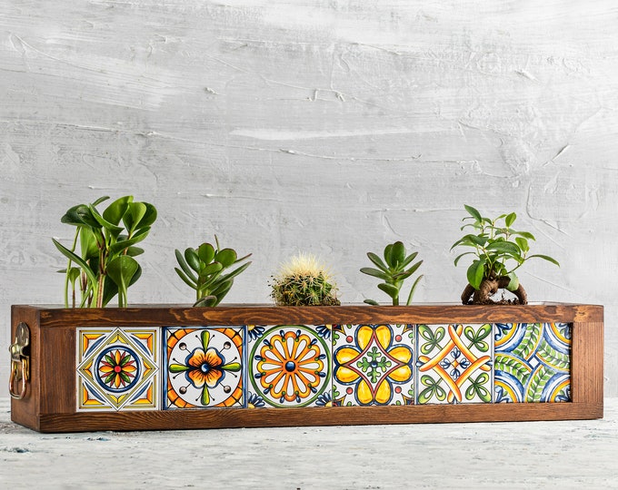 Wooden Planter with 6 Mexican Tiles, Indoor and Outdoor Rustic Plant Box, Window Box, Flower Box for Windowsill, Patio, Balcony, Garden