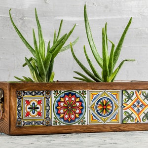 Wooden Planter with Mexican Tile/Indoor and Outdoor Flower Box/Home and Garden Decoration/Flower Pot/Custom image 1