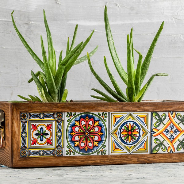 Wooden Planter with Mexican Tile/Indoor and Outdoor Flower Box/Home and Garden Decoration/Flower Pot/Custom, Mother's Day Gift
