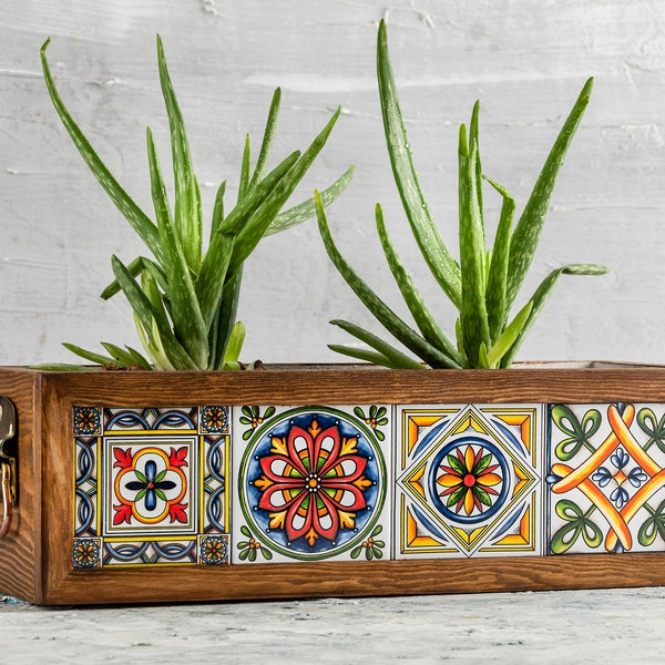 Jardinière en bois avec carrelage mexicain/Jardinière à fleurs intérieure et extérieure/Décoration de maison et de jardin/Pot de fleur/Personnalisé