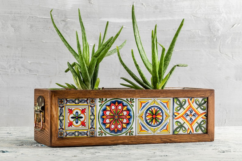 Wooden Planter with Mexican Tile/Indoor and Outdoor Flower Box/Home and Garden Decoration/Flower Pot/Custom image 1