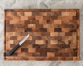 Walnut End Grain Cutting Board with Juice Groove, Wooden Butcher Block, Handmade Chopping Board