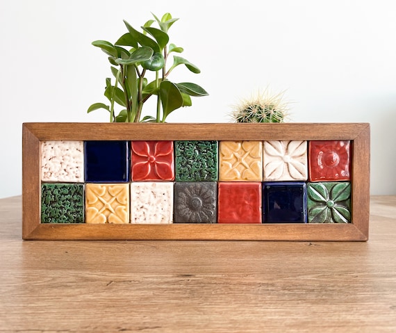 Hand Painted Tile Wooden Planter Box: Indoor/Outdoor Desk Decor