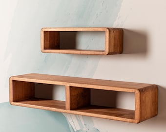 Floating Box Shelf Handmade Beech Wood, Wall Mounted Dark Brown Wooden Cube Shelf for Modern Home Decor