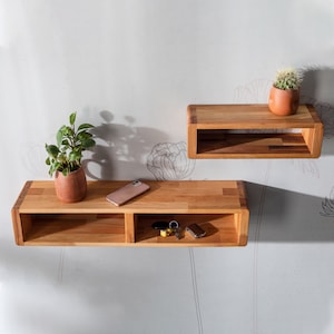 May include: Two wooden floating shelves mounted on a wall. The shelves are rectangular with a hollowed-out center. One shelf holds a potted plant and a phone, the other a small cactus. The wood has a natural, light brown color.
