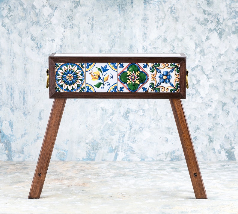 Wooden Planter with Mexican Tiles with Legs, Flower Box with Foot image 3