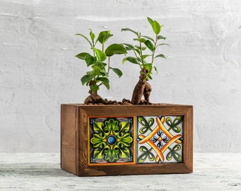 Wooden Planter Box with Tiles, Rustic Garden Plant Box with Mexican Tiles, Indoor-Outdoor Flower Pot/Windowsill and Garden Planter