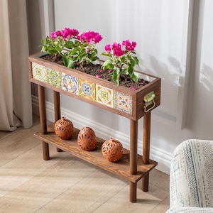 Übertopf & Blumenständer aus Holz mit mexikanischen Fliesen, Blumenbeet mit Aufbewahrung, Übertopf mit Beinen, 2-stufiger Pflanzenständer, Pflanzenhalter, Pflanzregal