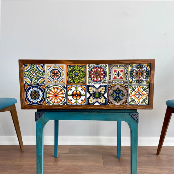 Wooden Planter with 6 Mexican Tiles in Two Rows with Pan/Tray and Handles