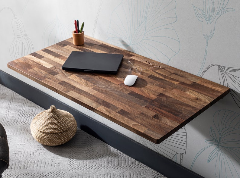 Walnut Space Saver Folding Floating Desk, Wooden Folding Table, Wall Mount Study Desk, Fold Down Dining Table, Murphy Desk, Home Office Desk