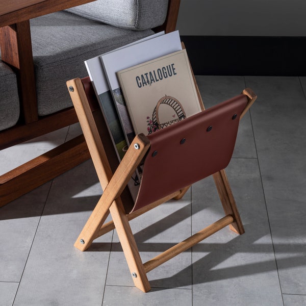 Porte-revues et porte-journaux, Classeur en bois et cuir, Porte-journaux au sol, Décoration de salon/bureau à domicile