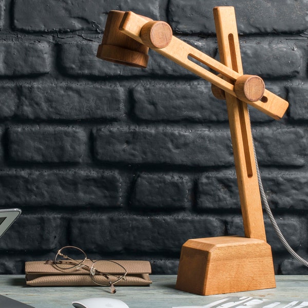 Desk Lamp, Light Brown Wooden Table Lamp Foldable, Adjustable Reading Light for Home Office, Work Space, Bedside Lamp