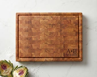 Professional Heavy Duty White Oak Chopping Block | End Grain Wood Board with Deep Juice Groove | Custom Engraved Chef Cutting Board