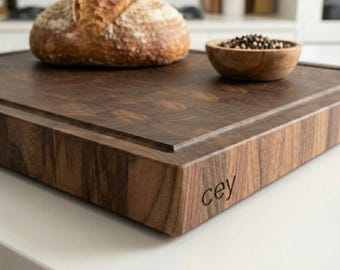 Walnut Cutting Board with Wide Hand Grip, Double Sided End Grain Butcher Block, Personalized Wood Board