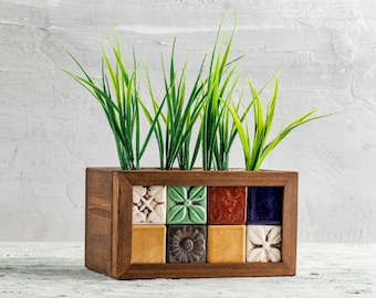 Hand Painted Tile Wooden Planter: Indoor Flower Box