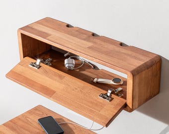 Floating Wooden Shelf & Cable Organizer – Wall Mounted Cord Hider, Handmade Solid Wood Storage Box, Dark Brown