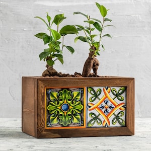 Houten plantenbak met tegels, rustieke tuinplantenbak met Mexicaanse tegels, bloempot/vensterbank voor binnen en buiten en plantenbak, cadeau