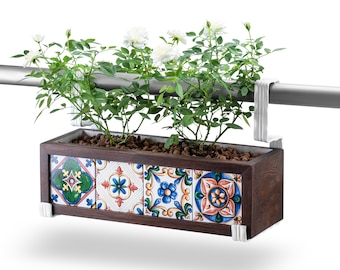 Railing Planter Box, Wooden Planter with Tiles with Custom Metal Brackets for Hanging Balcony Railing, Deck Railing, Flower Box