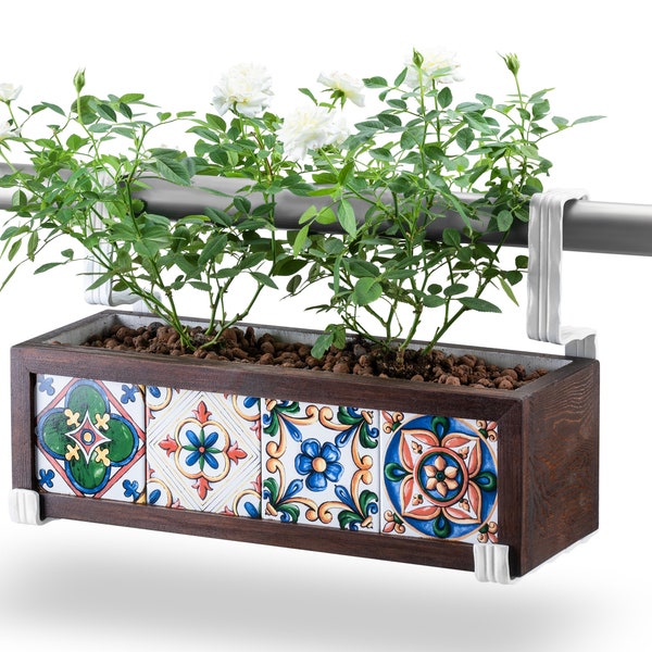 Railing Planter Box, Wooden Planter with Tiles with Custom Metal Brackets for Hanging Balcony Railing, Deck Railing, Flower Box
