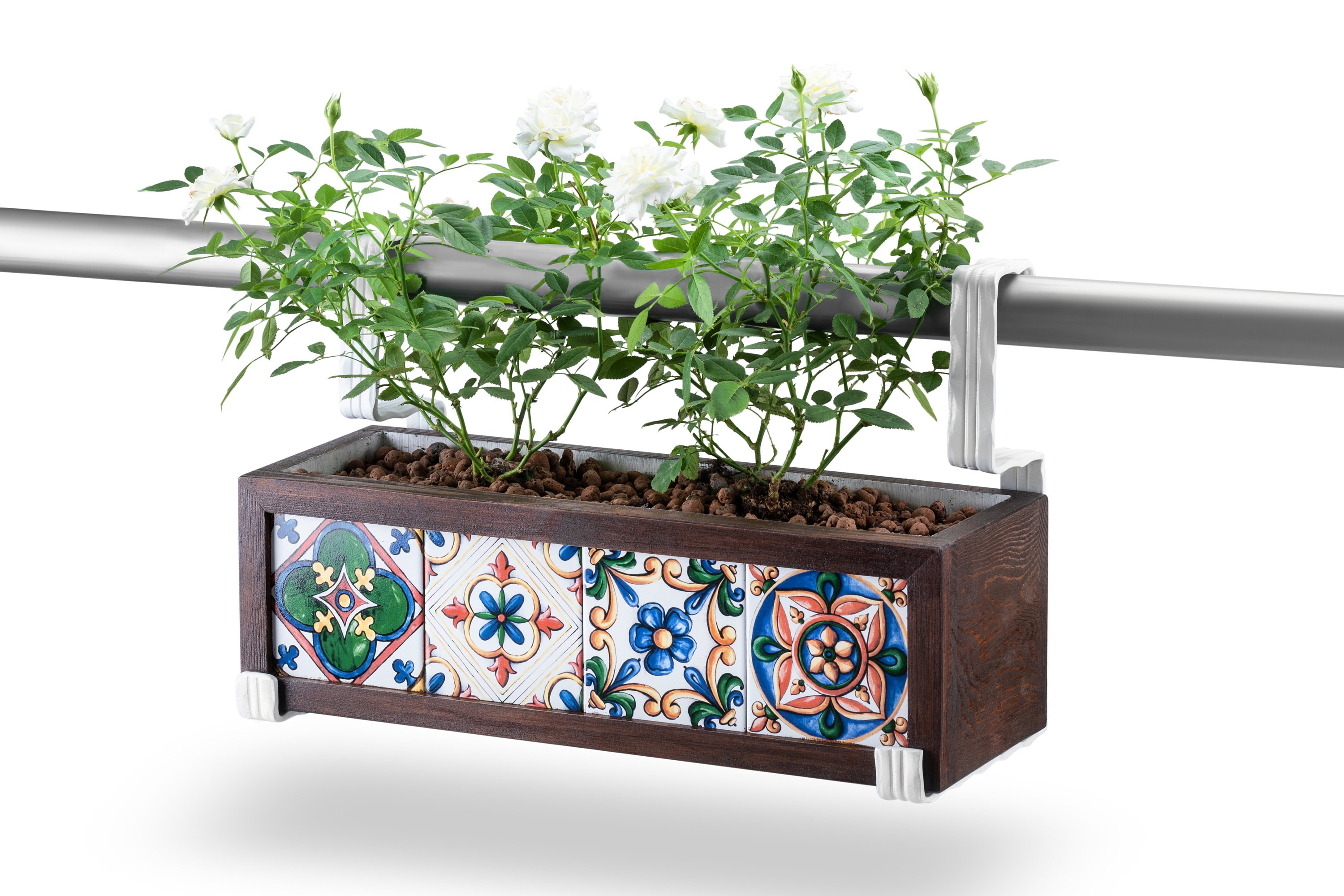 Railing Planter Box, Wooden Planter With Tiles With Custom Metal