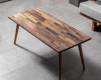 Mid Century Modern Walnut Coffee Table, Solid Wood Coffee Table for Living Room, Rectangular Wooden Couch Table, Minimalist Home Decor