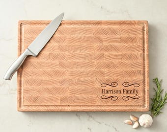Personalized White Oak End Grain Butcher Block with Juice Groove | Thick Wood Cutting Board with Wide Hand Grips | Custom Engraved Chef Gift