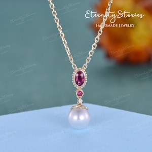 Natural Pearl And Ruby Pendants Vintage Diamond Women Rose Gold Necklace Art Deco Wedding Bridal Jewelry July Birthstone Women Jewelry Gift