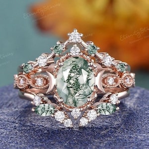 Unique Moss Agate Bridal Ring Moissanite Moon Celestial Engagement Ring Curved Wedding Band Women Diamond Art Deco Ring Vintage Gift For Her