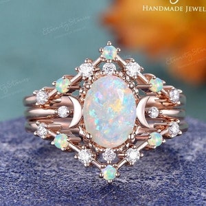 Opal Bridal Ring Set Rose Gold Moissanite Moon Engagement Ring Set Vintage Celestial Ring Curved Wedding Band Women Unique Anniversary Gift