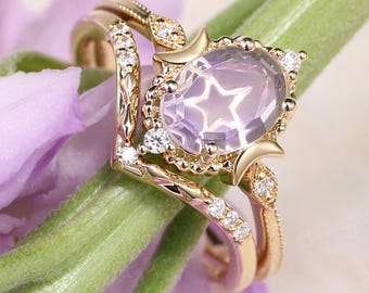 Unique Lavender Amethyst Star Moon Engagement Ring Set Yellow Gold Oval Amethyst Moissanite Ring Set Fantasy Celestial Ring Galaxy Ring
