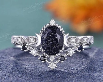 Art Deco Blue Sandstone Engagement Ring Set Celestial Galaxy Crystal Engagement Ring Bridal Set Vintage Wedding Bands Women White Gold 2pcs