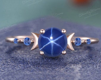 1CT Round Star Sapphire Ring Moon Engagement Ring Personalized Opal Moissanite Engagement Ring Crystal Celestial Ring For Women Anniversary