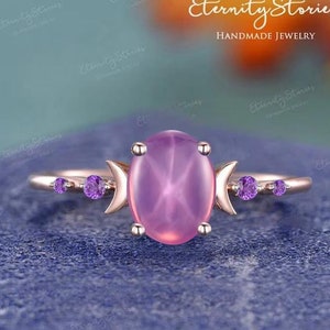 Oval Star Sapphire Moon Ring Rose Gold Hot Pink Star Sapphire Engagement Ring Amethyst Ring Unique Galaxy Ring Proposal Gift For Her