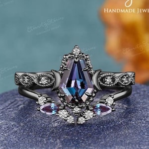 Unique Alexandrite Black Gold Bridal Ring Set Moon Engagement Ring Coffin Gothic Celestial Ring Moissanite Wedding Ring Anniversary Gift