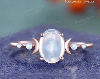Fairy Light Star Sapphire Engagement Ring Rose Gold Oval Blue Star Sapphire and Moonstone Ring Fantasy Jewelry Unique Promise Ring For Her
