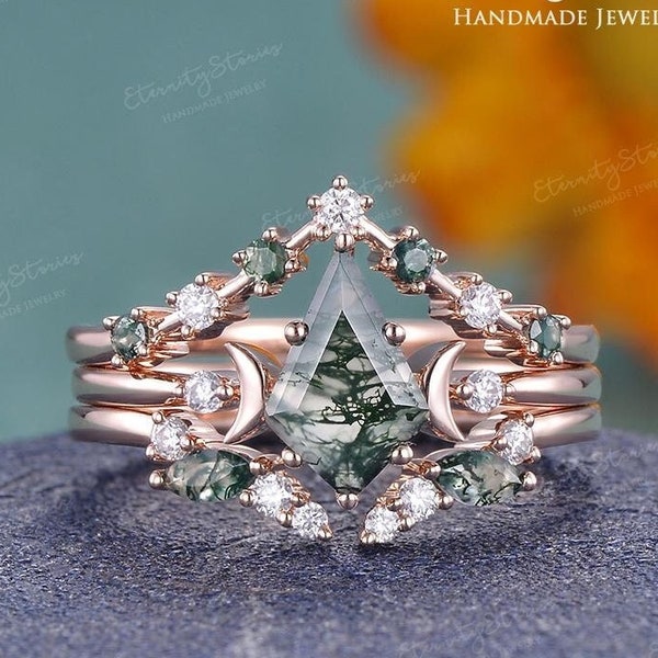 Conjunto nupcial Luna Celestial: Anillo de compromiso único de ágata musgosa, alianza de boda con corte de cometa, oro rosa, delicado anillo vintage, regalo de aniversario (3 piezas).