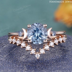 Round Aquamarine Engagement Ring Set Solid Gold Moon Ring Chevron Wedding Band Stacking Moissanite Band Celestial Natural Diamond Ring Gift