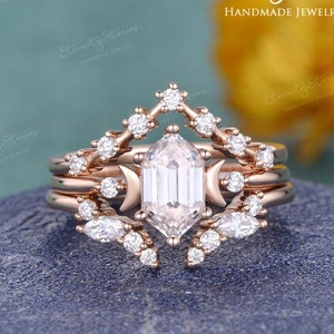Long Hexagon Moissanite Engagement Ring 3pcs Rose Gold Bridal Set Celestial Moon Wedding Set Modern Ring Vintage Open Curved Moissanite Band