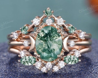 Vintage Natural Moss Agate Engagement Ring Set Oval Cut Green Crystal Wedding Ring Set Woman Rose Gold Moon Ring Celestial Ring Unique Gift
