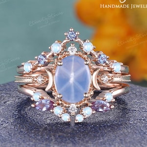 Art Deco Oval Light Star Sapphire Bridal Ring Set Rose Gold  Blue Star Sapphire Ring Moonstone Milgrain Ring Fantasy Moon Personalized Gifts