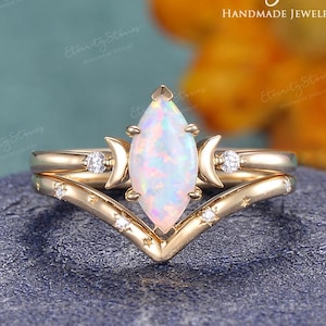 Unique Marquise Opal Engagement Ring Set Yellow Gold Star And Moon Rings Solitaire Ring Celestial Starburst Ring Anniversary Gifts For Her