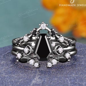 Gothic Coffin Cut Black Onyx Ring Set 3PCS Black Gold Moon Engagement Ring Unique Open Moissanite Band Gifts For Her Witchy Jewelry