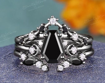 Anello in onice nero con taglio a bara gotico, set da 3 pezzi, anello di fidanzamento con luna in oro nero, fascia moissanite aperta unica, regali per lei, gioielli da strega