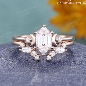 Hexagon Moissanite Engagement Ring Rose Gold Wedding Ring Set Women Open Band Moissanite Bridal Sets Open Stacking Ring Crescent Ring