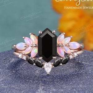 Long Hexagon Onyx Engagement Ring Set Rose Gold Natural Opal Ring Cluster Ring Marquise Cut Black Onyx Wedding Band Anniversary Rings