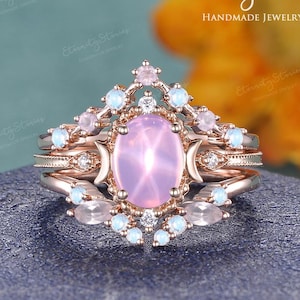 Fantasy Oval Pink Star Sapphire Bridal Ring Set 3PCS Rose Gold Rose Quartz Ring Milgrain Engagement Ring Fairy Moon Rings Handmade Jewelry