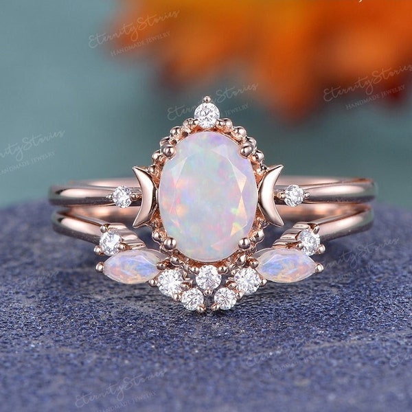 Natural Opal Engagement Ring Set Vintage Moon Engagement Ring Rose Gold Oval Cut Opal Bridal Sets Milgrain Open Wedding Stacking Ring Women