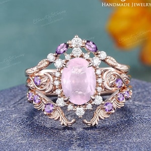 Rose Quartz Bridal Set Amethyst Leaf Ring Nature Inspired Moon Engagement Ring Crystal Celestial Moissanite Wedding Ring Unique Gift For Her