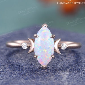 Marquise Opal Engagement Ring Unique Moon Engagement Ring Lab Opal Ring Rose Gold Vintage Celestial Ring Three Stone Ring Opal Wedding Ring